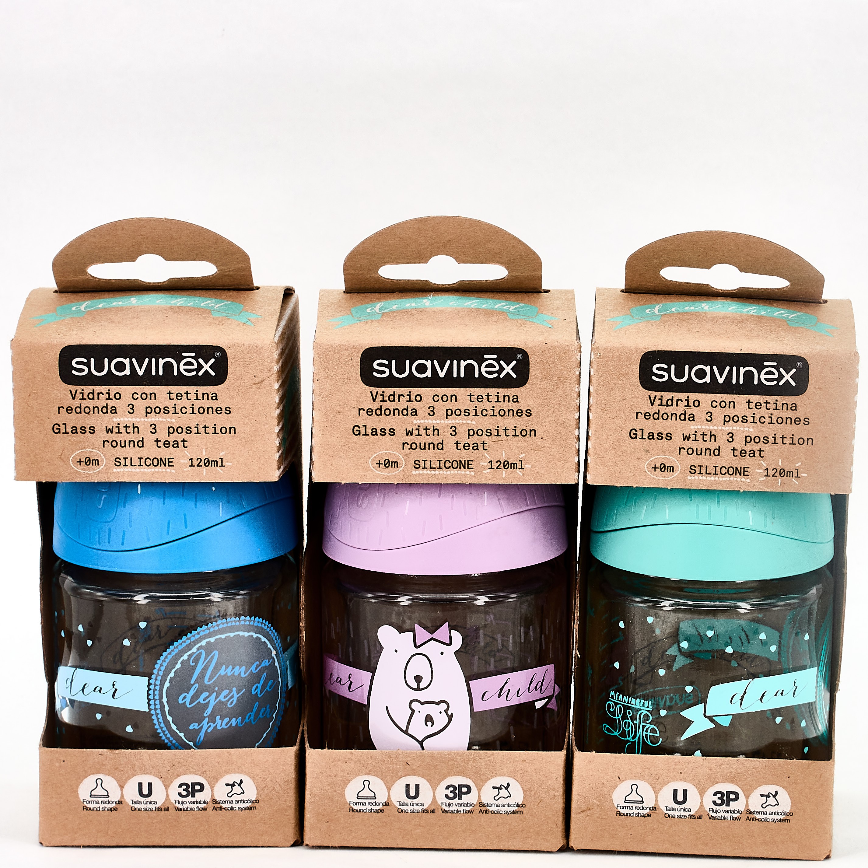 Suavinex Vidro Baby Bottle Boca larga mamilo redondo.