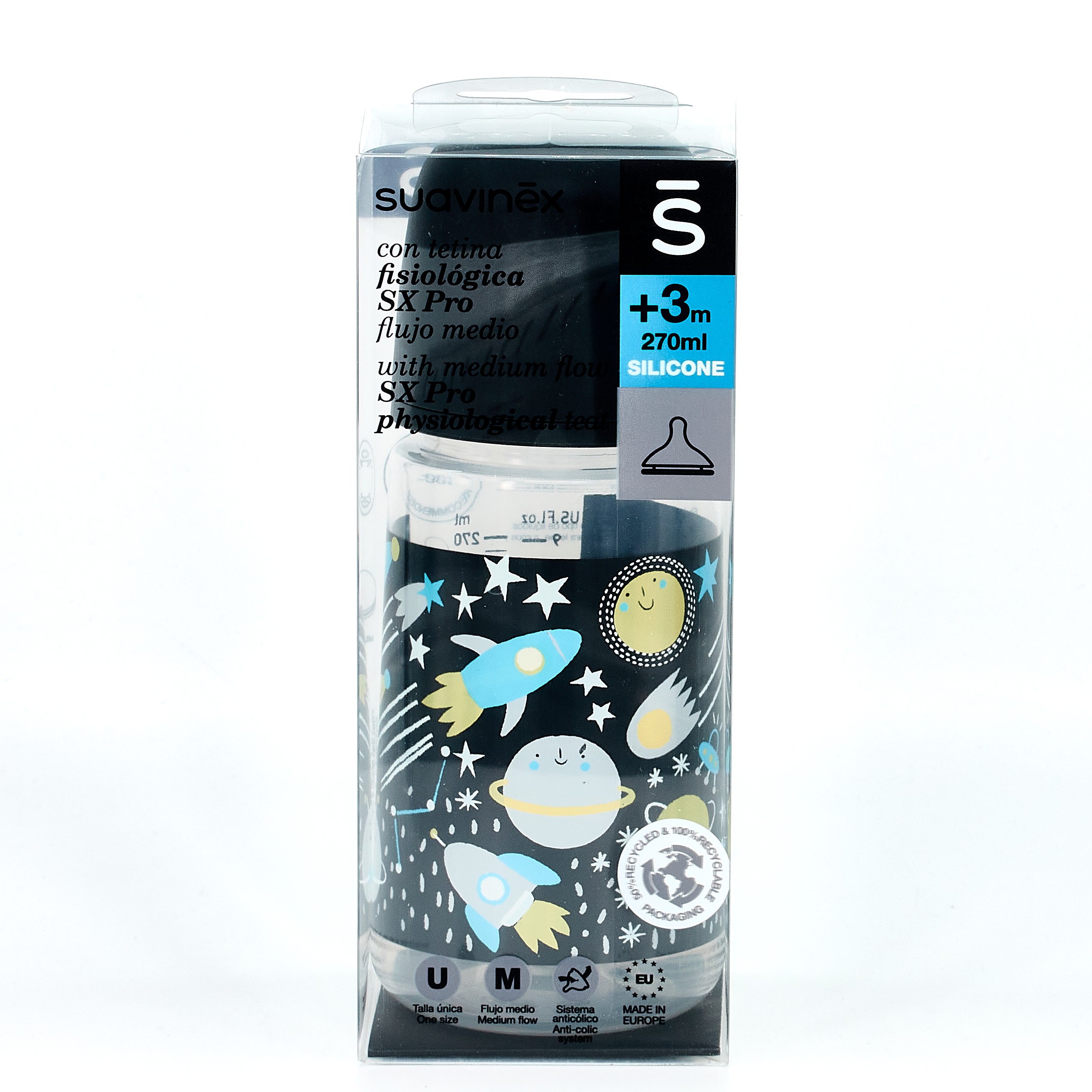 Suavinex Baby Bottle Fisiológico Teto de Silicone de Médio Fluxo, 270ml.