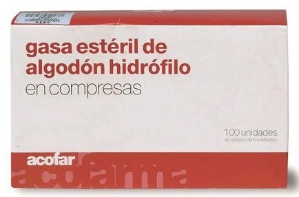 ACOFAR Gaze de algodão hidrofílica estéril em almofadas, 100 unidades.