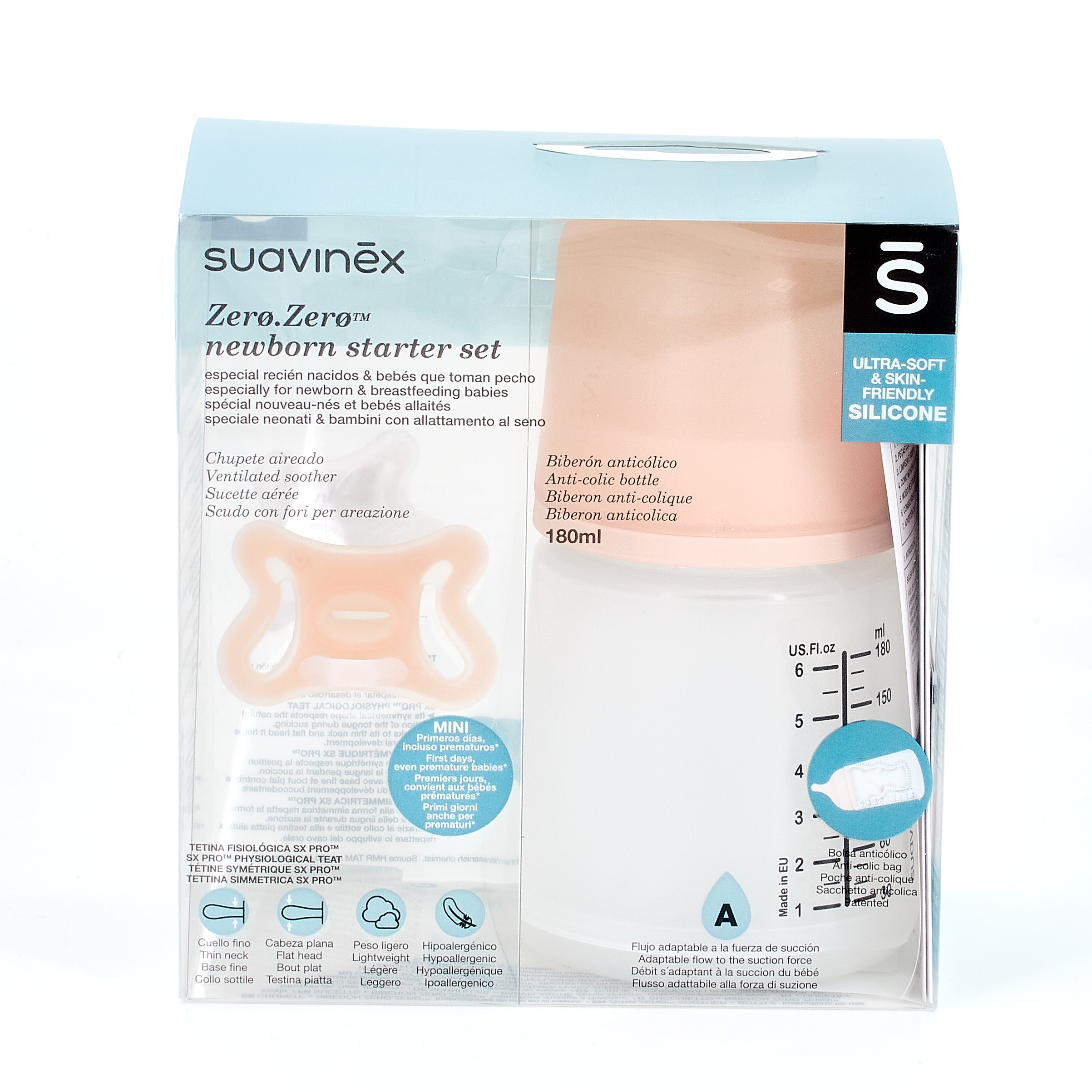 Suavinex Zero.Zero Conjunto inicial para recém-nascidos mini, 1 mamadeira + 1 chupeta.