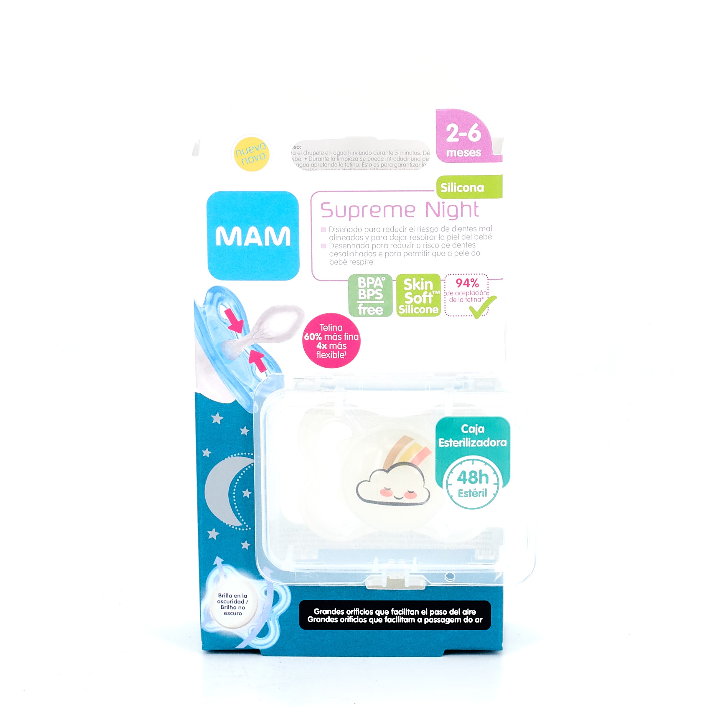 CHUPETE SILICONA SIMETRICA MAM SUPREME NIGHT 1 UNIDAD N 2-6 MESES TRANSPARENTE
