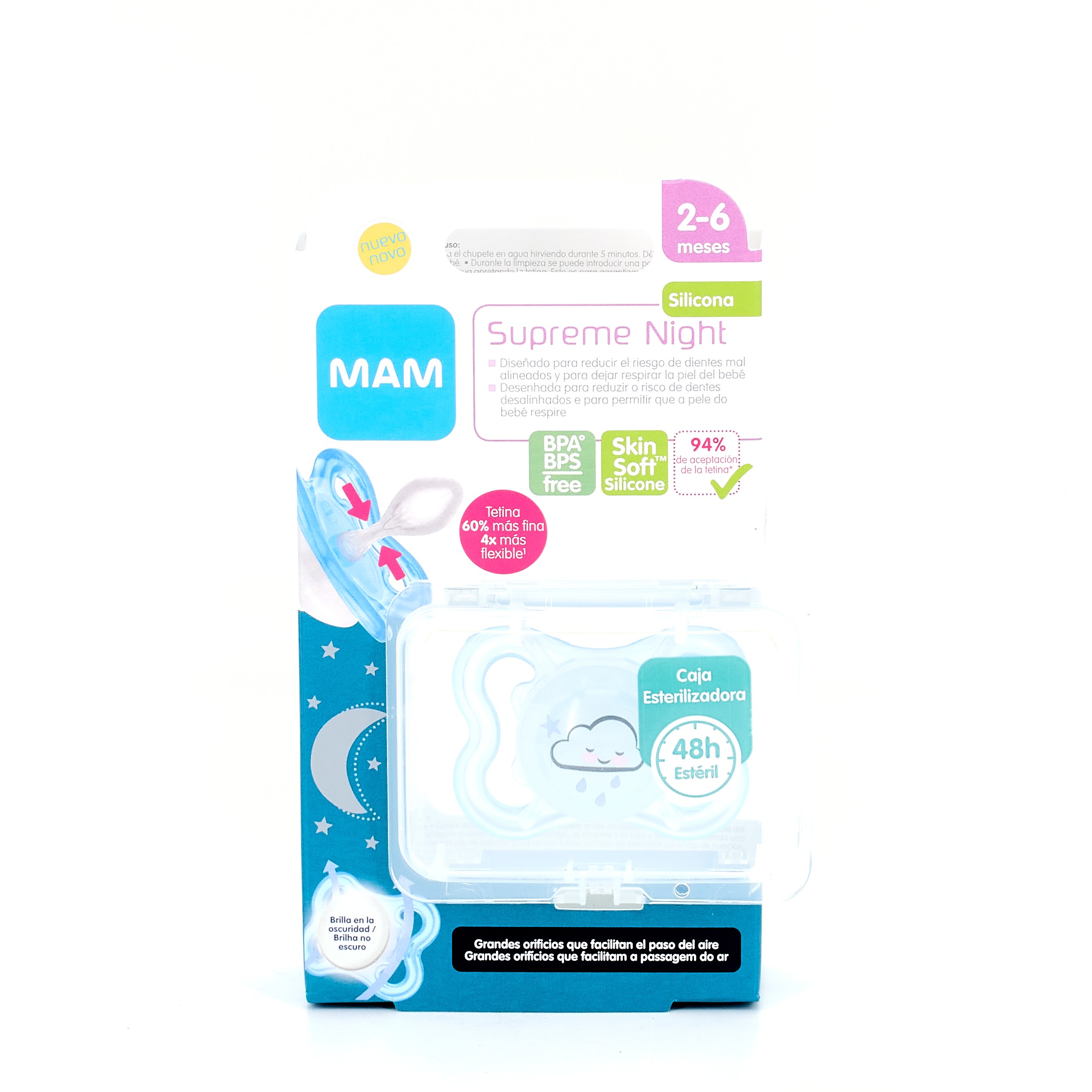 CHUPETE SILICONA SIMETRICA MAM SUPREME NIGHT 1 UNIDAD A 2-6 MESES AZUL