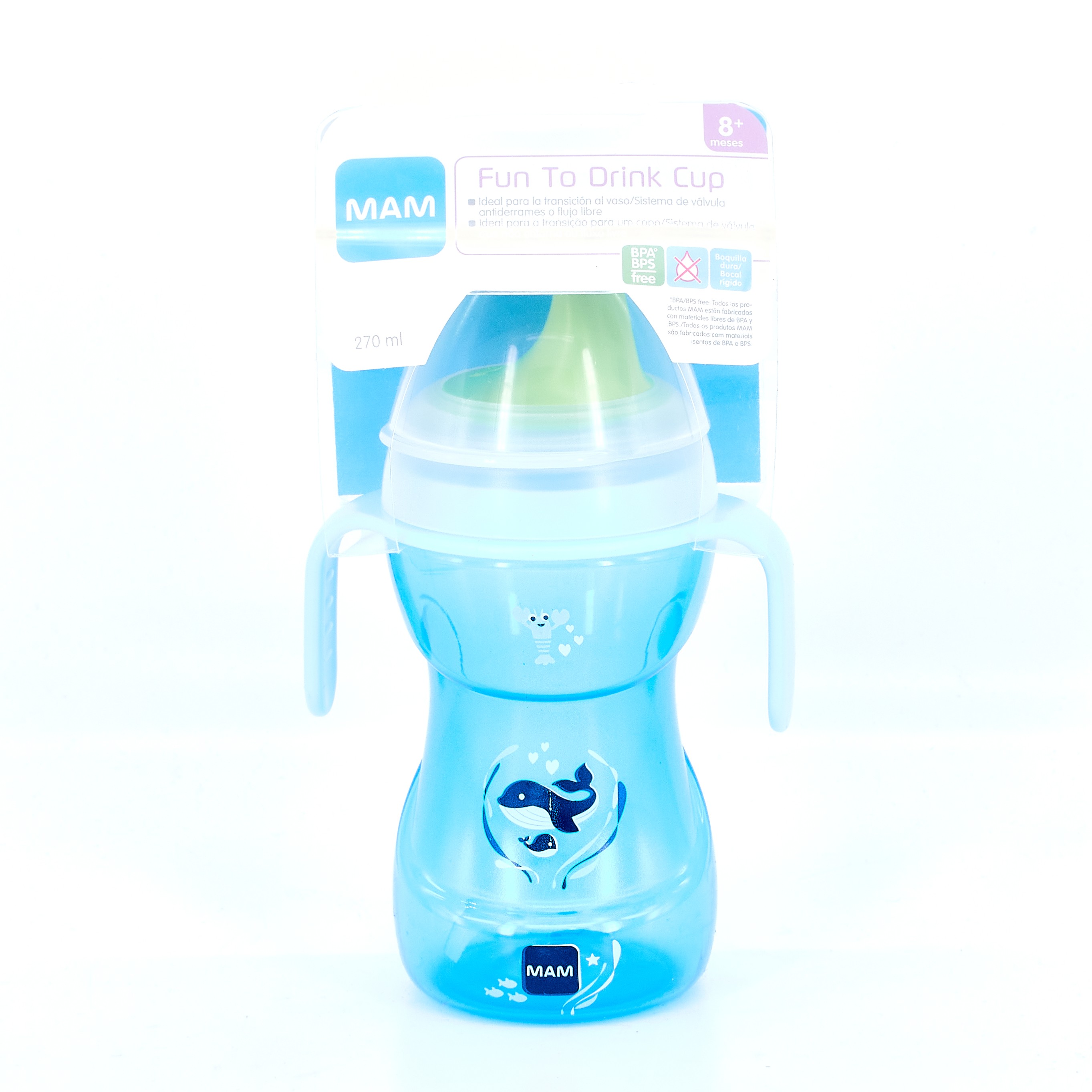 VASO CON BOQUILLA DURA MAM FUN TO DRINK CUP AN +8 M 270 ML AZUL