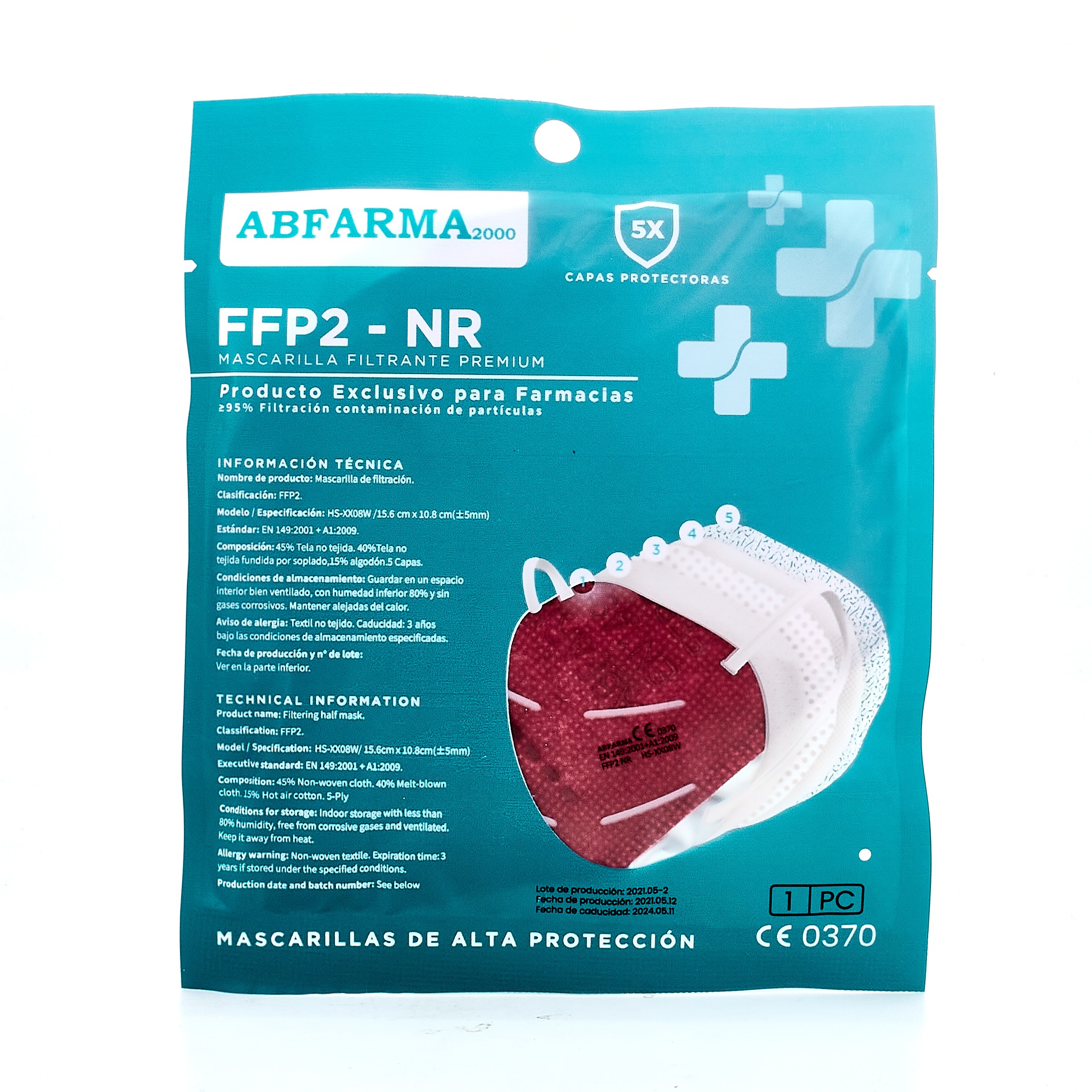 FFP2 Máscara Bordéus, 1Pc.
