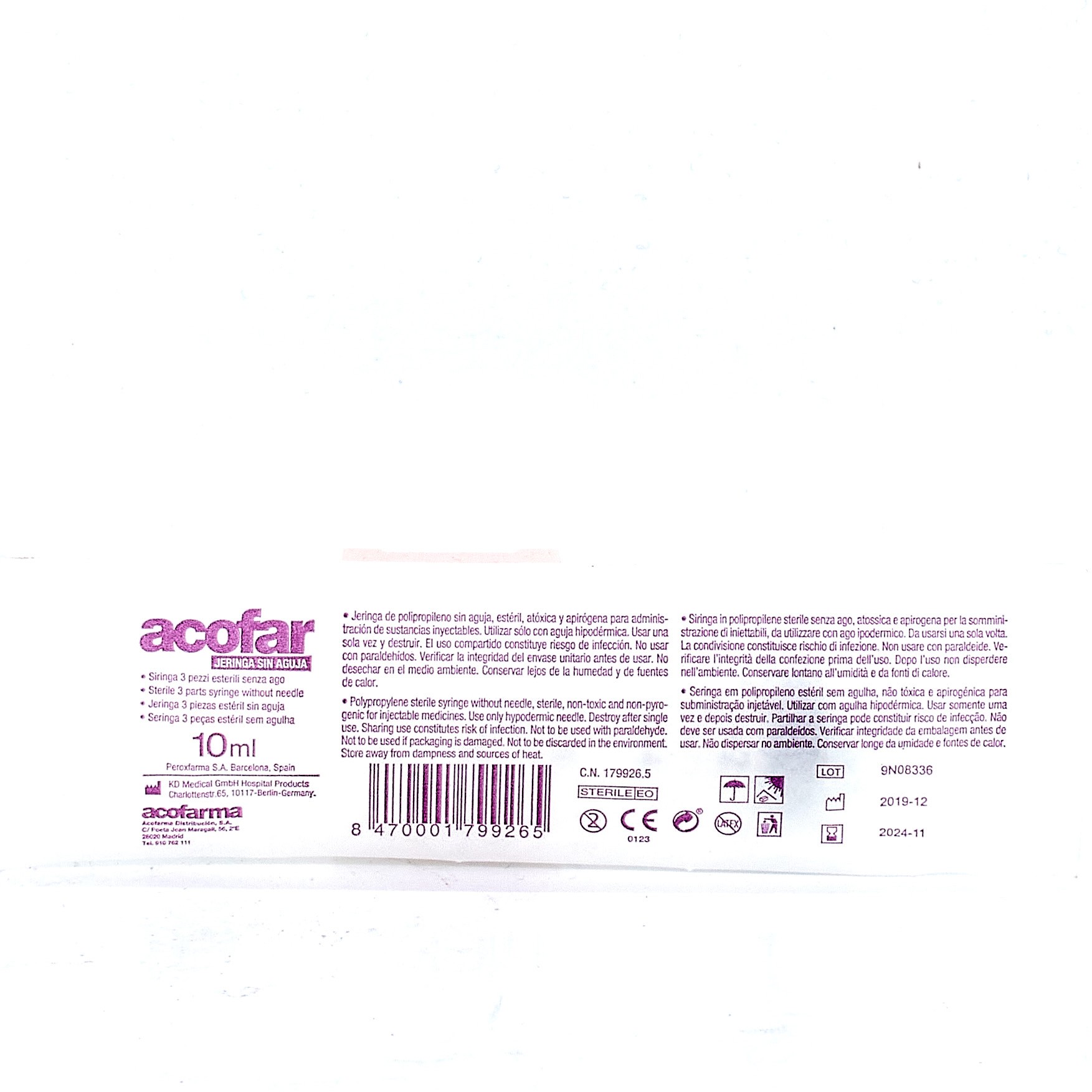 Acofar Seringa sem agulha 3 peças estéreis, 10ml.