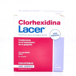 Enxaguante bucal de clorexidina lacer, 24 sachês de dose única.