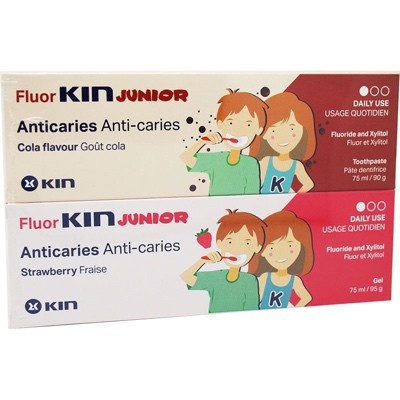 Fluorkin junior anticárie gel de morango + pasta sabor cola, 2x75 ml