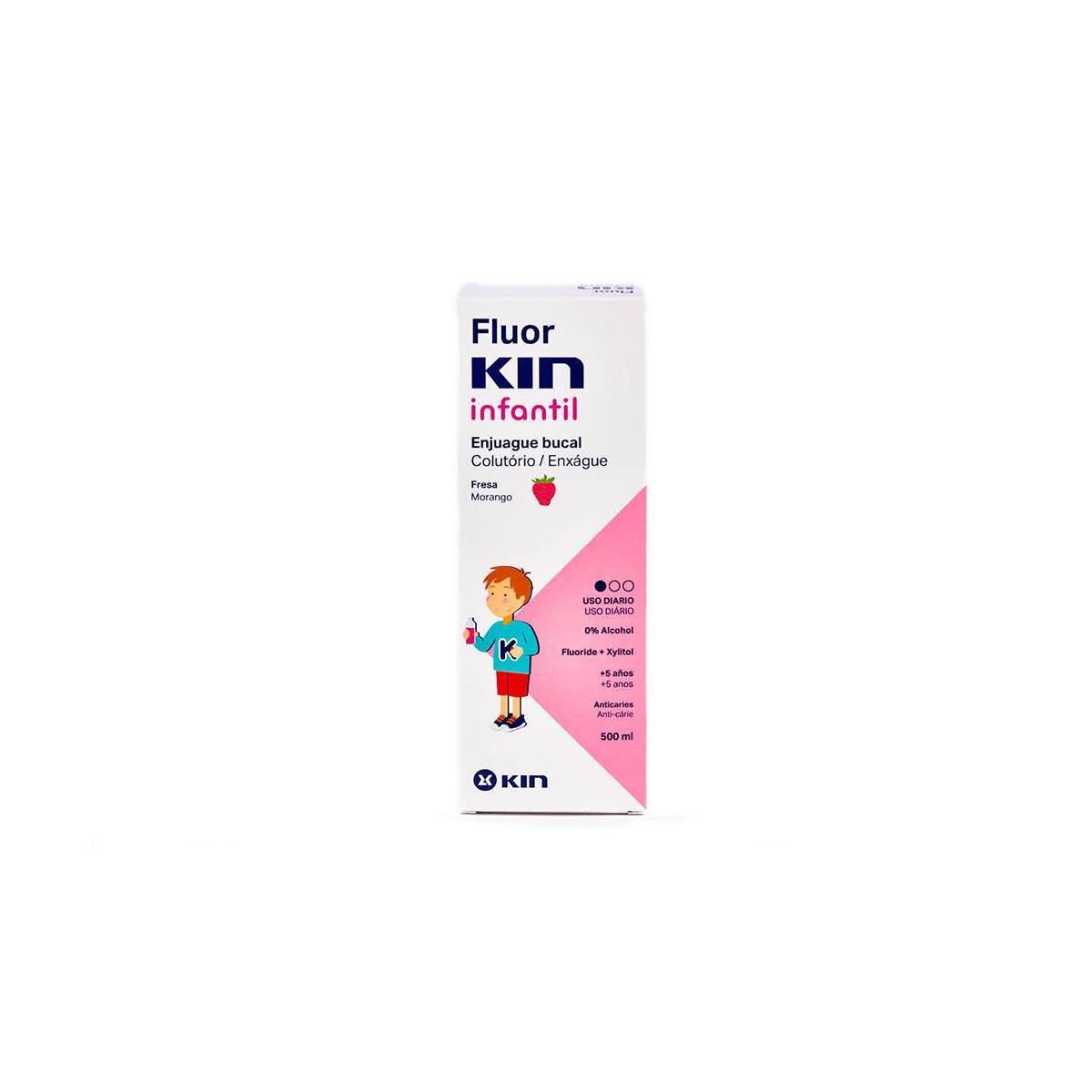 Enxaguante bucal infantil Morango Fluoreto Kin, 500ml.