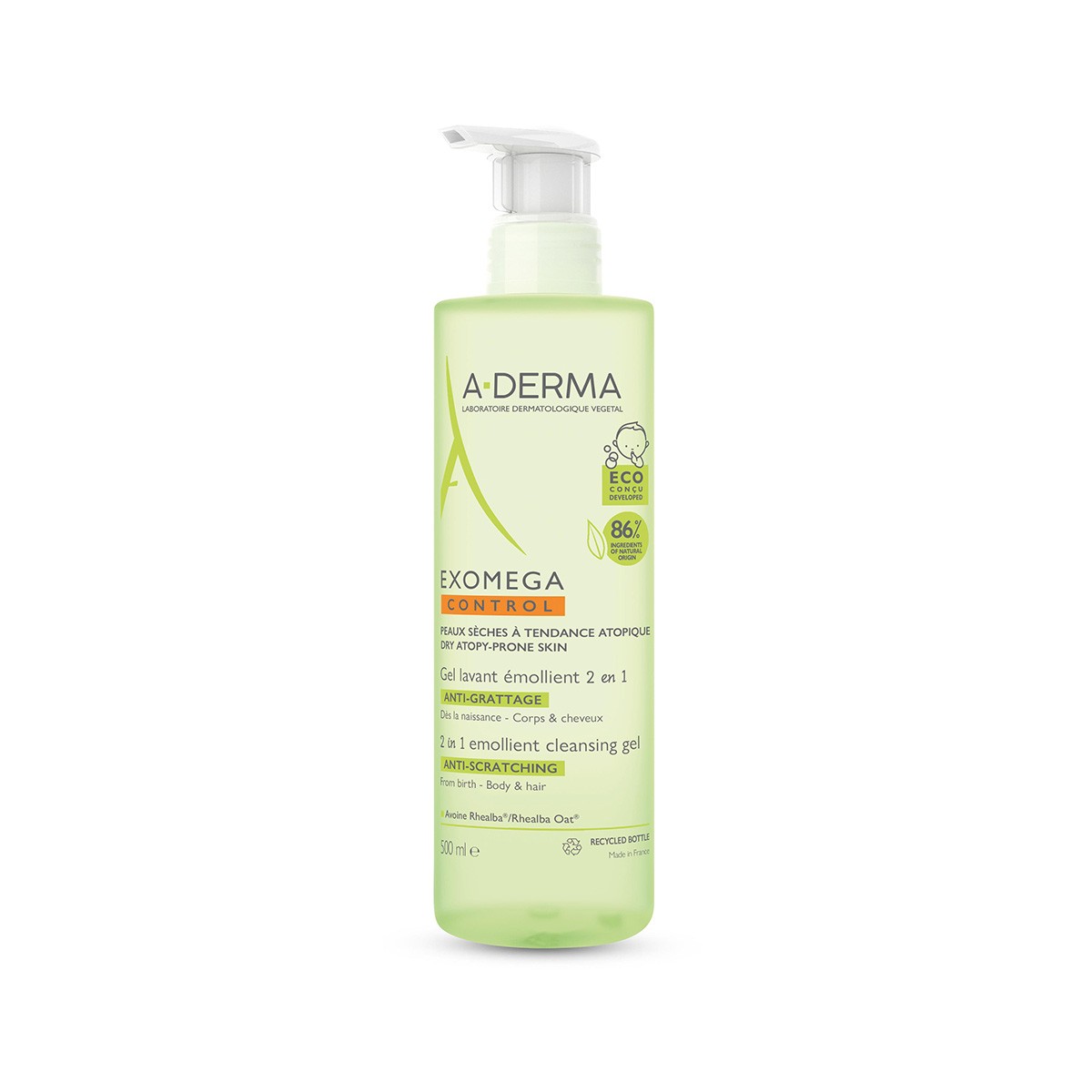 A-Derma Exomega 2-em-1 Emollient Gel de Limpeza Corpo & Cabelo, 500ml