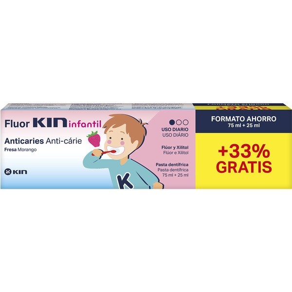 Pasta Infantil Morango Fluor Kin, 75 + 25ml.*