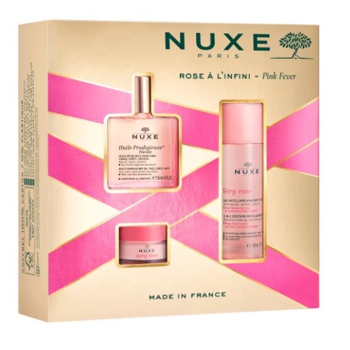 Nuxe cofre fever pink: óleo floral prodigioso, micelar muito rosa e labial