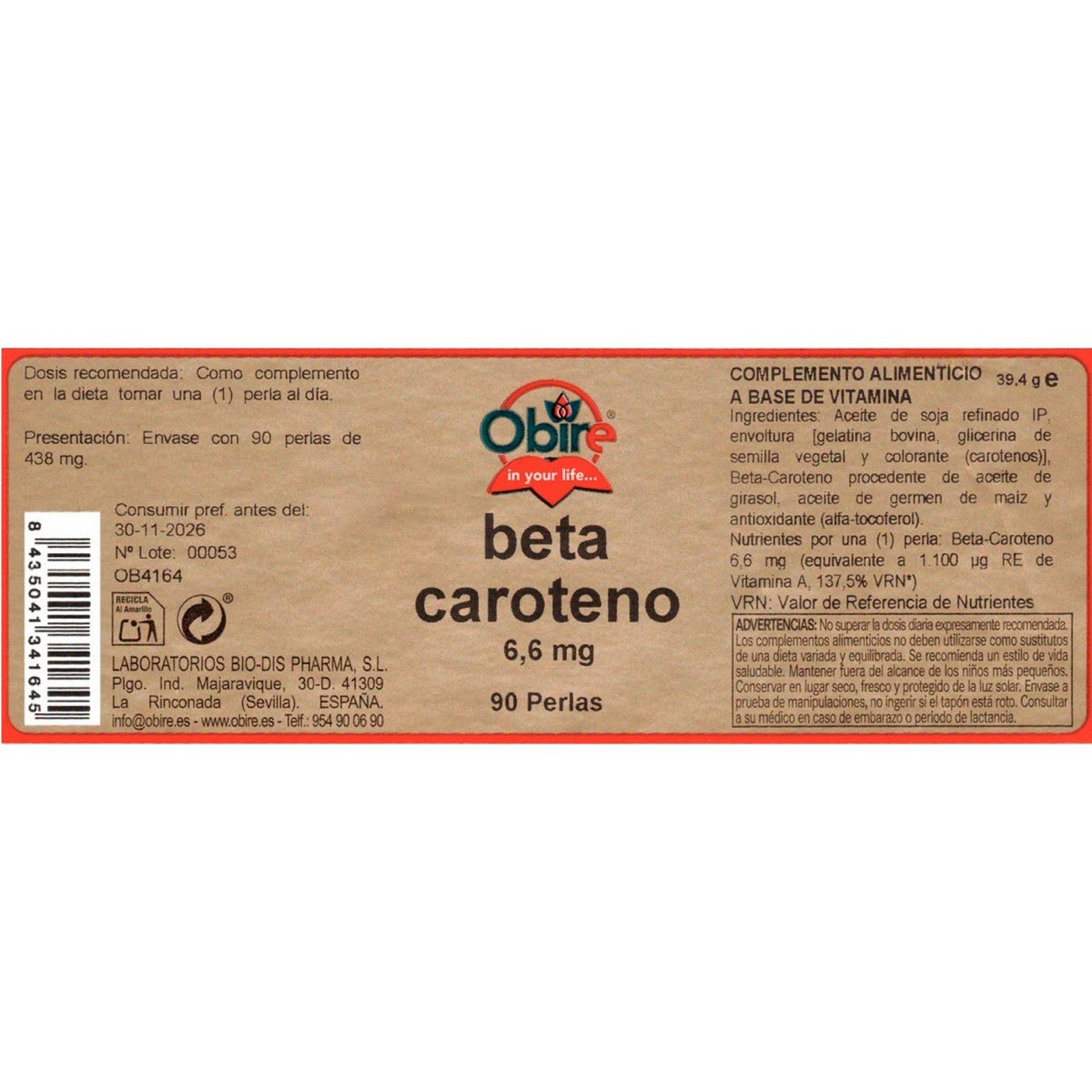 Obire betacaroteno, 90 cápsulas gelatinosas.