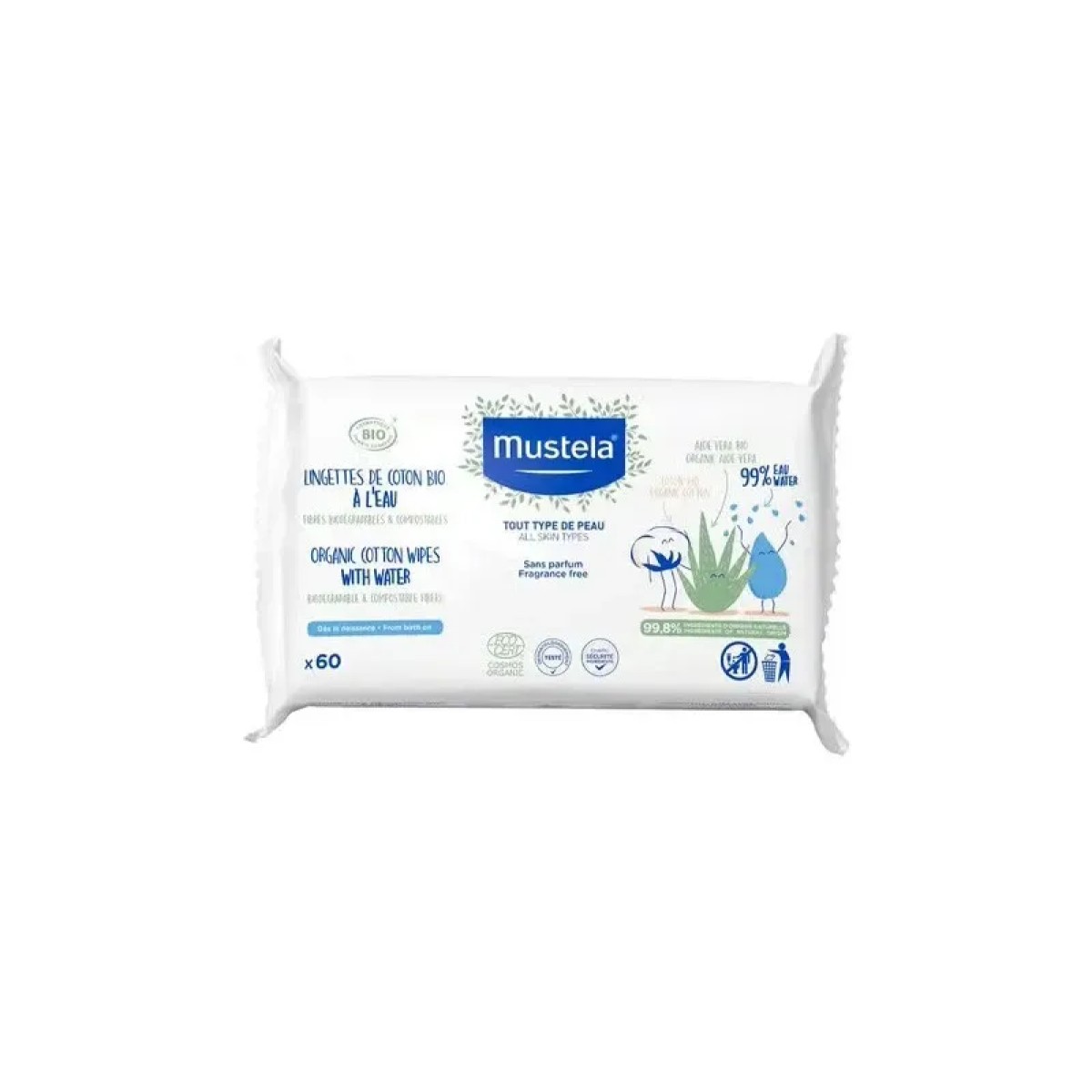 Mustela Toalhas de Algodão com Água Bebê-Criança Bio, 60 unidades